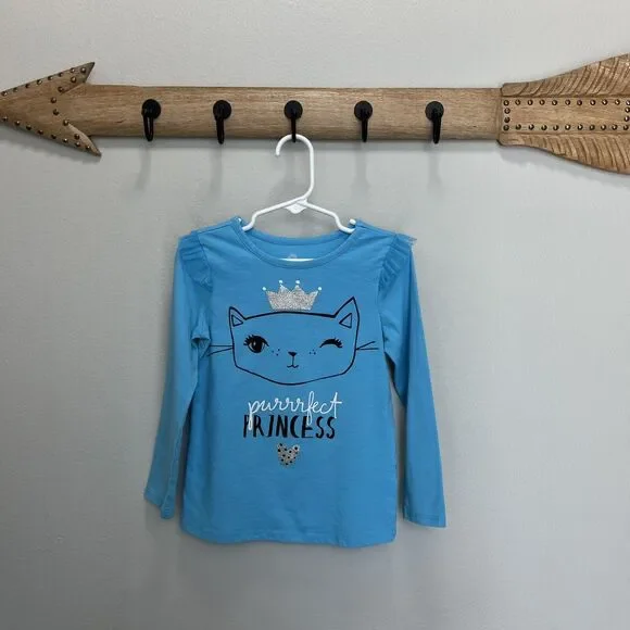 Okie Dokie | Blue Sparkle Purrrfect Princess Kitty Cat Long Sleeve Top Girl 4 - Picture 1 of 7